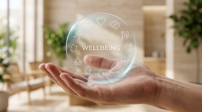 Hand Holding Digital Wellbeing Interface with Health, Fitness and Lifestyle Icons in Modern Wellness Concept