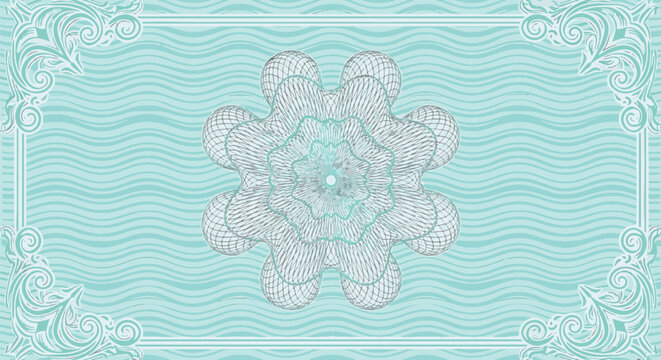 Pale sky cyan guilloche pattern background featuring central complex spirograph rosette and ornate baroque scrollwork corner borders on a wavy textured security paper design.
