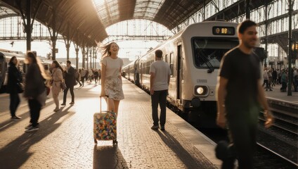 Fototapeta premium Sunny train station scene; people with luggage near a train. Girl smiles and walks on the platform