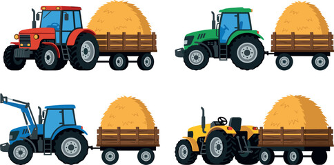 Farm Tractor with Hay Trailer Vector Icon Set Featuring Red Green Blue and Yellow Agricultural Machinery Hauling Fresh Straw Harvest for Farming Designs © SARIFA