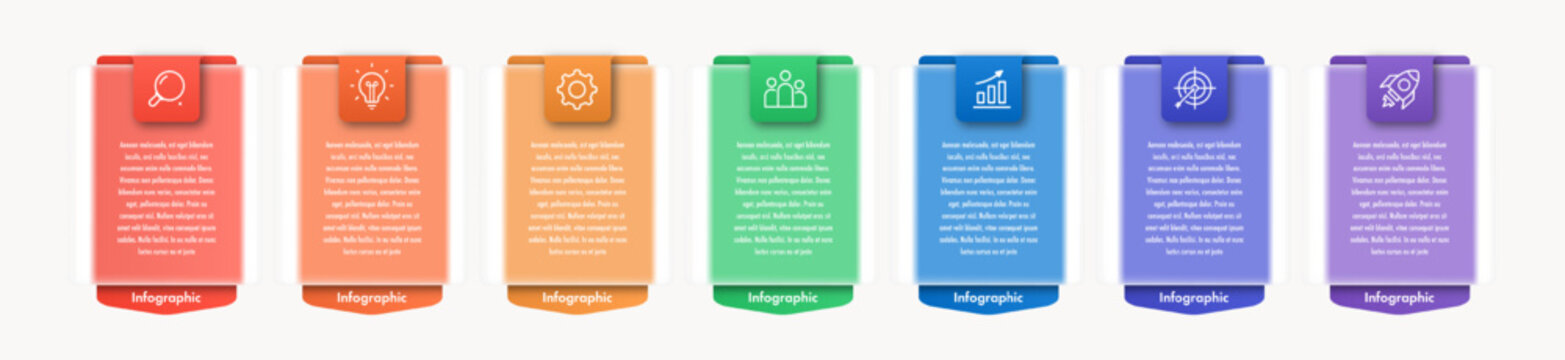 Timeline 7 step infographic progress modern glassmorphism effect for start up project, banner, presentation, business strategy, logic analysis vector