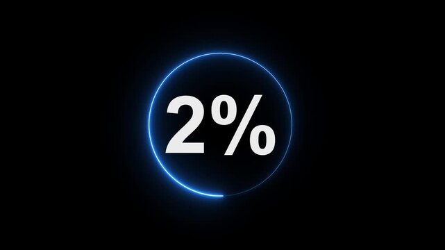 Digital loading progress circle with 2 percent counter, neon blue glowing circular interface for technology and data loading ui animation