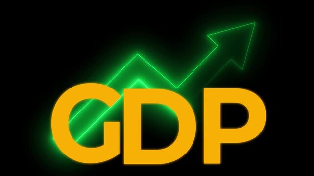 GDP Growth concept. Global economy, national budgets, GDP, gross domestic product. Animation of GDP sign with up arrow graph and chart on black background.