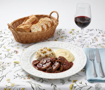 Beef tongue in red wine and mushroom sauce, served with nut-studded rice and mashed potatoes, on a table with a patterned tablecloth