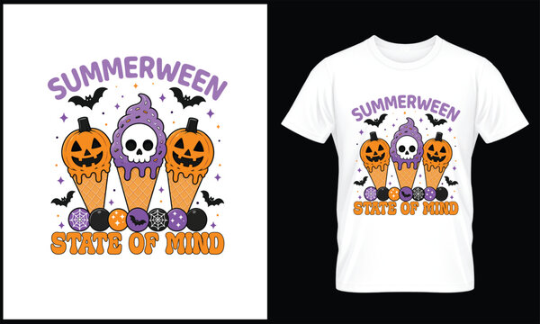 Halloween T-Shirt Summerween State of Mind Cute Skull and Pumpkin Ice Cream Cones Graphic Design, Funny Spooky Summer Halloween Dessert Illustration for Seasonal Apparel