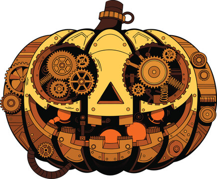 Steampunk Jack-o'-lantern with intricate gears and mechanical details vector illustration