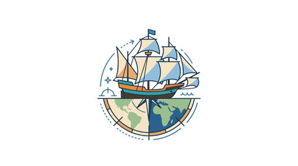 Vintage Sailing Ship on Globe with Compass Rose, Nautical Exploration Concept © Hamdan