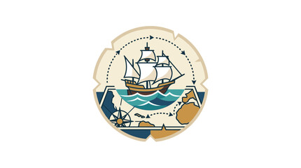 Vintage Sailing Ship on Map with Compass, Nautical Exploration Emblem © Hamdan
