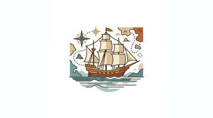 Vintage Sailing Ship on Ocean Waves, Nautical Adventure, Compass Rose, Old Map Elements © Hamdan
