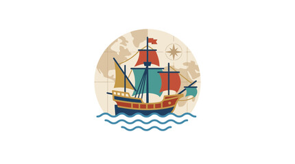 Vintage Sailing Ship on World Map Background with Compass Rose © Hamdan