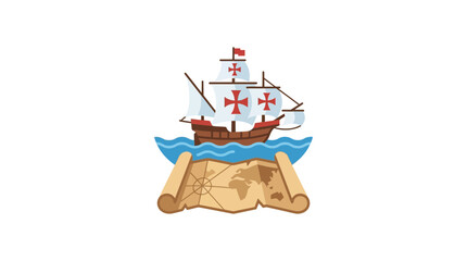 Vintage Sailing Ship on World Map and Ocean Waves, Adventure and Exploration Concept © Hamdan
