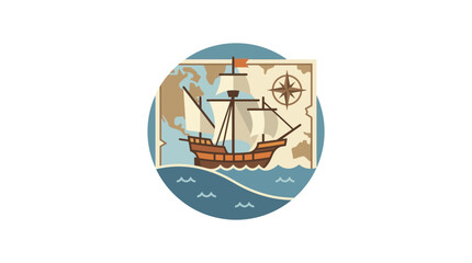 Vintage Sailing Ship on World Map, Compass Rose, Nautical Adventure © Hamdan