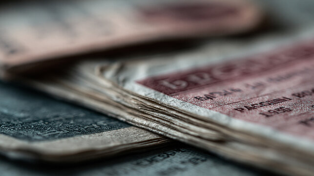 Close-up of vintage banknotes showcasing detailed textures and colors.