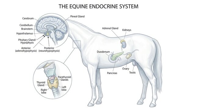 Anatomical illustration of the equine endocrine system showing major glands and brain structures within a white horse outline for veterinary education