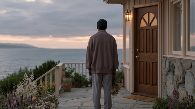 Pacific Islander man in his forties stands awkwardly on a porch holding flowers, facing a door he has not knocked on yet, an estranged sibling reunion about to happen, modest