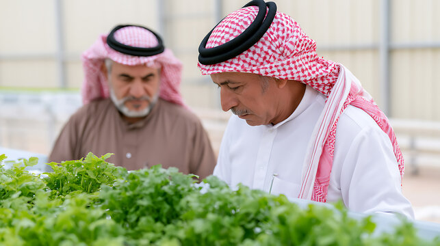 Two Middle Eastern men in traditional attire inspect vibrant green crops, focusing on agricultural development and sustainable farming practices