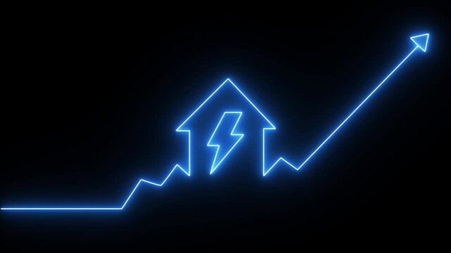 Neon house energy efficiency graph: rising electricity costs and smart home power consumption concept animation on black background