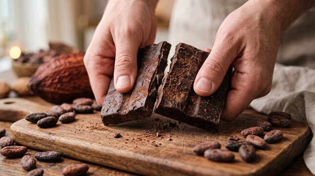 Crafting world chocolate day magic hands breaking rich dark chocolate