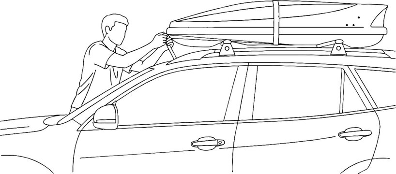 Man securing kayak on car roof rack for transport.