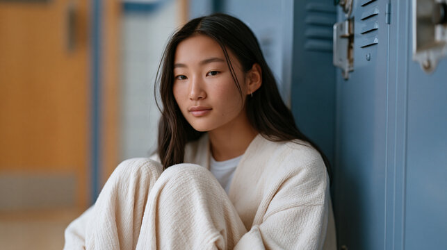 Mongolian teenage girl sitting behind her locker door in a school hallway, knees pulled to chest, missing a social event audible nearby, eye-level intimate framing at floor level,