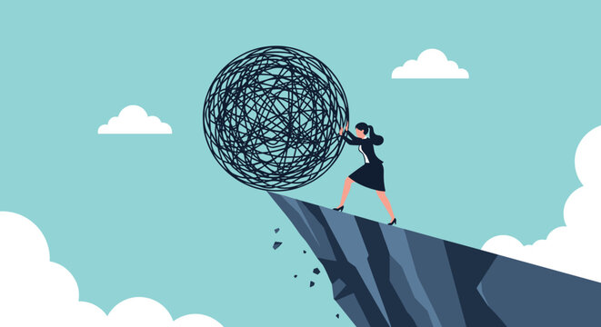 Determined businesswoman pushing a large tangled ball of black string over a rocky cliff representing problem solving and letting go of stress.