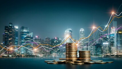 Obraz premium Stacked coins in front of city skyline with financial graphs