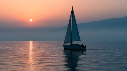 Fototapeta premium A peaceful sailboat glides across calm water during a serene sunrise creating a beautiful and tranquil seascape