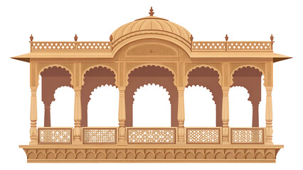 Fototapeta premium Royal sandstone balcony with three scalloped arches and ornamental cornice Indian architectural element flat vector illustration