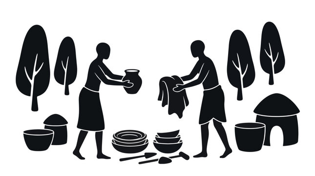 Black and white silhouette of ancient tribal people bartering pottery and cloth in a village with huts and trees, featuring primitive tools and clay vessels.