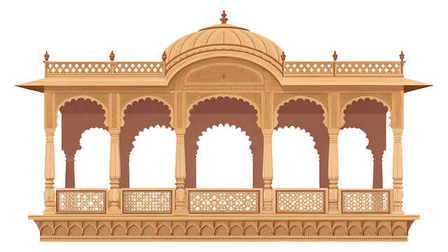 Royal sandstone balcony with three scalloped arches and ornamental cornice  Indian architectural element  flat vector illustration