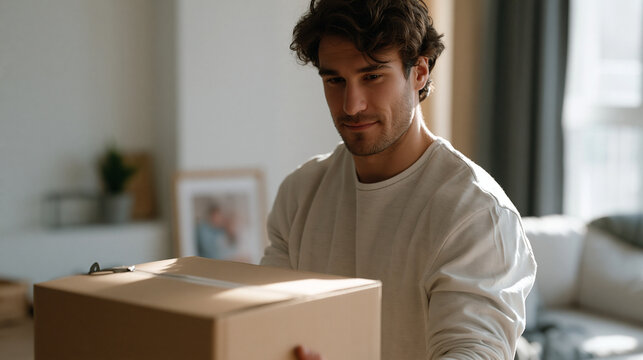 Kazakh man unpacking a single cardboard box in a bare apartment, walls empty, floor uncarpeted, one framed family portrait set carefully against the baseboard as the first thing