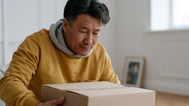 Kazakh man unpacking a single cardboard box in a bare apartment, walls empty, floor uncarpeted, one framed family portrait set carefully against the baseboard as the first thing