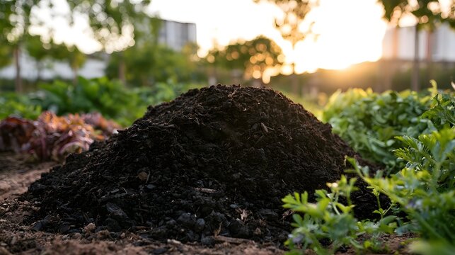 A vibrant view of a compost pile enriching garden soil during a peaceful sunrise