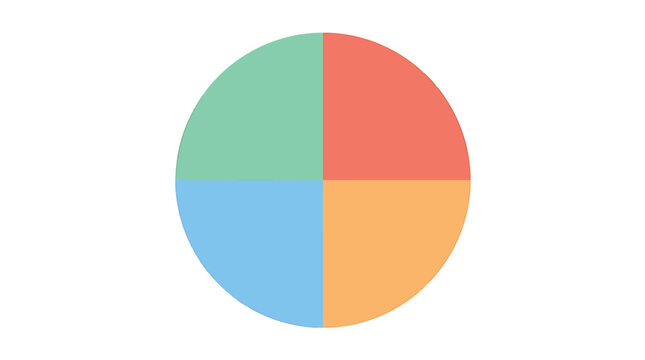 Flat vector illustration of a circle divided into four equal segments in green, red, blue, and orange pastel colors on a white background for business infographics and data charts.