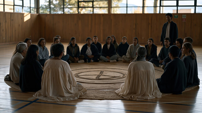 Colombian community center hosting an intergenerational cultural shame healing circle, elders and young adults seated in a circle on a gymnasium floor, no hierarchy of chairs, a