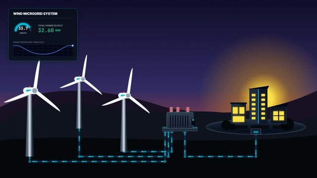 Wind Microgrid System Animation with Turbines Powering City Building HUD Dashboard