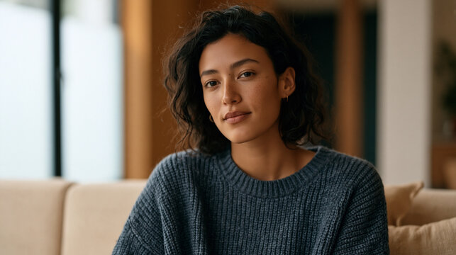 Colombian woman in her thirties sits in a therapist's office, visibly trembling before speaking, courage to begin trauma processing visible in her expression, cultural shame