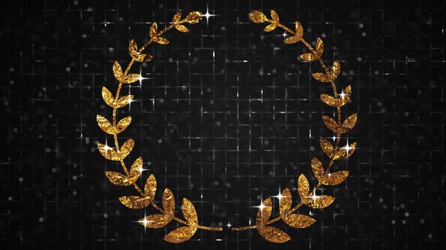 4K Elegant golden laurel wreath animation with particles on a grid background.Luxury Winner Background for award ceremonies, achievements, marketing, social media, and sales promotions.