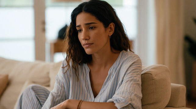 Colombian woman in her thirties sits in a therapist's office, visibly trembling before speaking, courage to begin trauma processing visible in her expression, cultural shame
