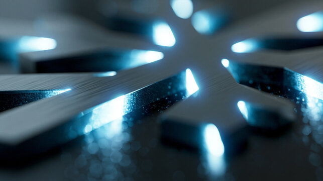 A close-up of an illuminated metallic snowflake design on a dark background.