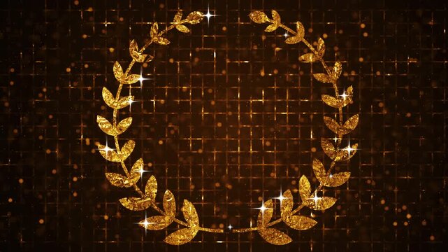 4K Elegant golden laurel wreath animation with particles on a grid background.Luxury Winner Background for award ceremonies, achievements, marketing, social media, and sales promotions.