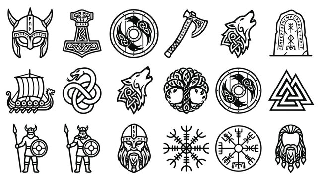 Viking Symbols and Norse Mythology Icons Set Including Helmets Axes and Runestones