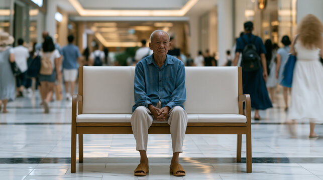 Vietnamese grandfather sits alone on a bench inside a large shopping mall, people streaming past without acknowledgment, elderly loneliness in a public space, wide shot