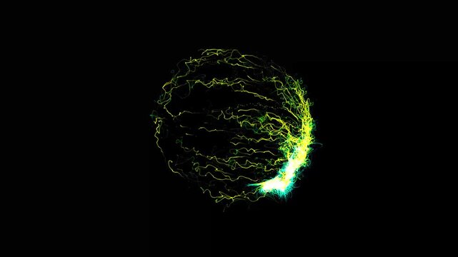 Magical energy plasma ball animation with glowing colourful electric waves, swirling line particle trails, radiant neon aura, futuristic science technology sphere on dark background in 4k loop
