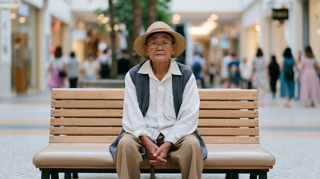 Vietnamese grandfather sits alone on a bench inside a large shopping mall, people streaming past without acknowledgment, elderly loneliness in a public space, wide shot