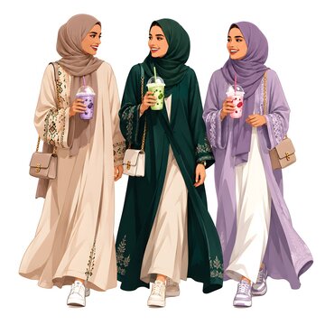 Young Arab Women Walking with Yogurt Smoothie Drinks