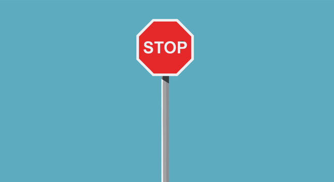 Classic red octagonal stop sign with white text and border mounted on a tall grey metal post against a clear blue sky background.