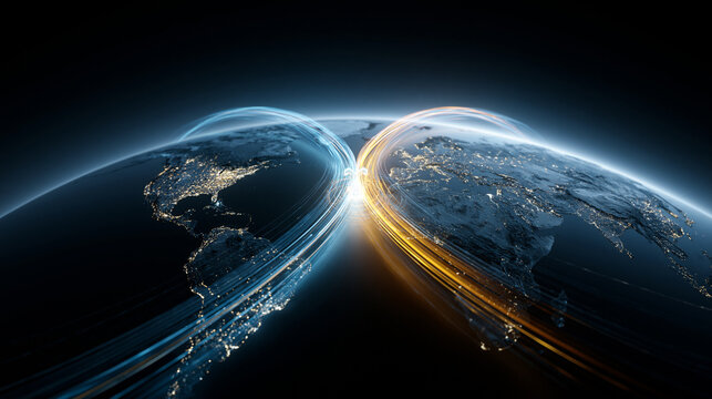 A stunning digital representation of the Earth with glowing data streams connecting continents.