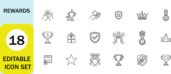 Fototapeta premium Rewards line icon set. Trophy, medal, crown, ribbon, certificate, gift, shield, star, podium, editable stroke. Vector illustration