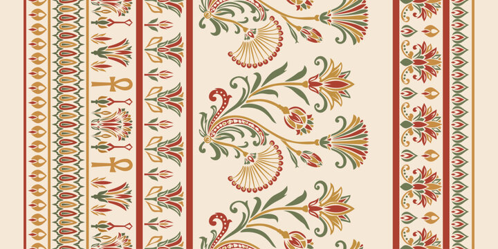 Egyptian Seamless Border Pattern Ancient Lotus and  Motif Ethnic Seamless Textile Ornament Art. Floral Ceramic Tile Ribbon. Seamless Lotus Flower Vector Graphic.